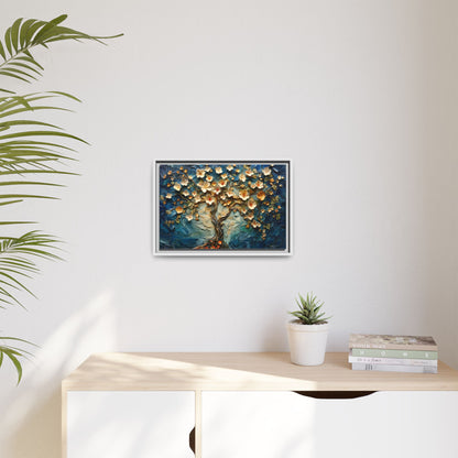 Framed Floral Tree Canvas Art – Textured Blue & Gold Wall Decor