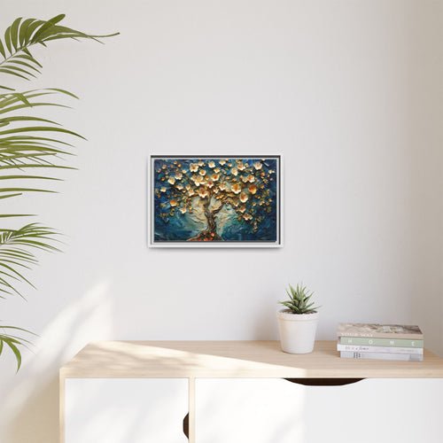 Framed Floral Tree Canvas Art – Textured Blue & Gold Wall Decor