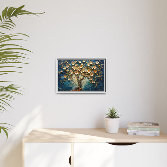 Framed Floral Tree Canvas Art – Textured Blue & Gold Wall Decor
