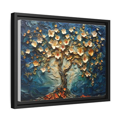 Framed Floral Tree Canvas Art – Textured Blue & Gold Wall Decor