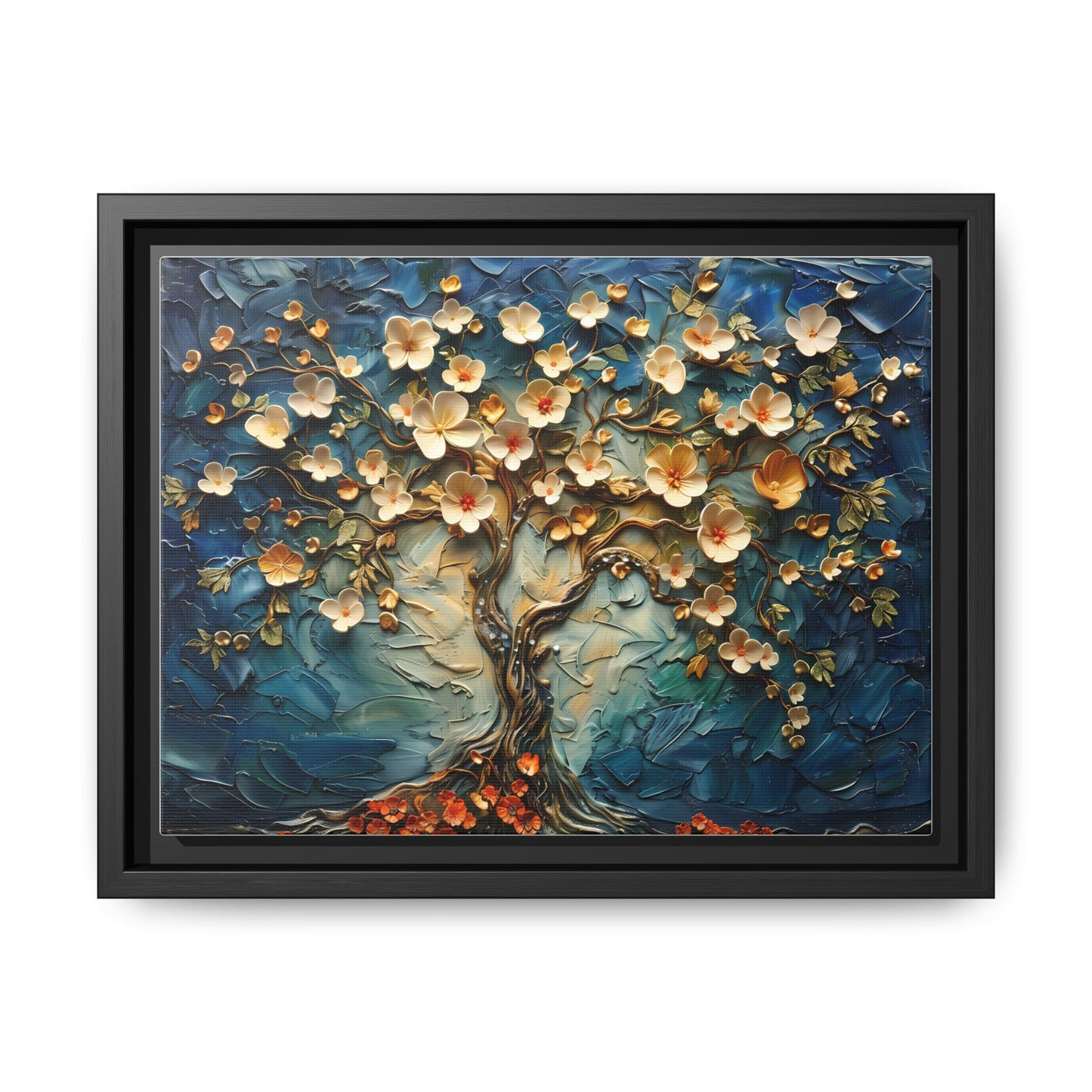 Framed Floral Tree Canvas Art – Textured Blue & Gold Wall Decor