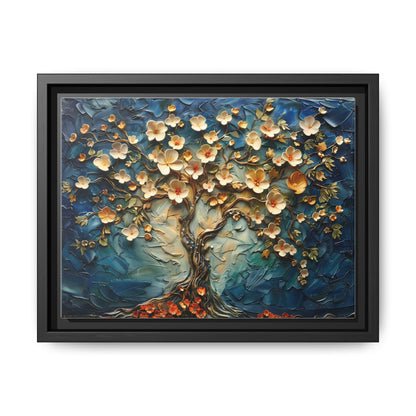 Framed Floral Tree Canvas Art – Textured Blue & Gold Wall Decor