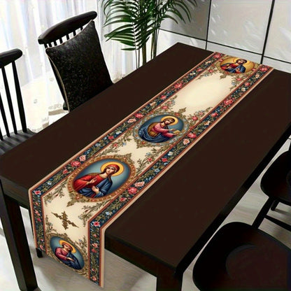1pc Religious Icon Floral Table Runner - 100% Polyester Sateen Weave Tablecloth with Vibrant Religious Icons & Floral Patterns, Durable Easy-Clean Table Protection for Dining Room, Holiday Home Party Decor
