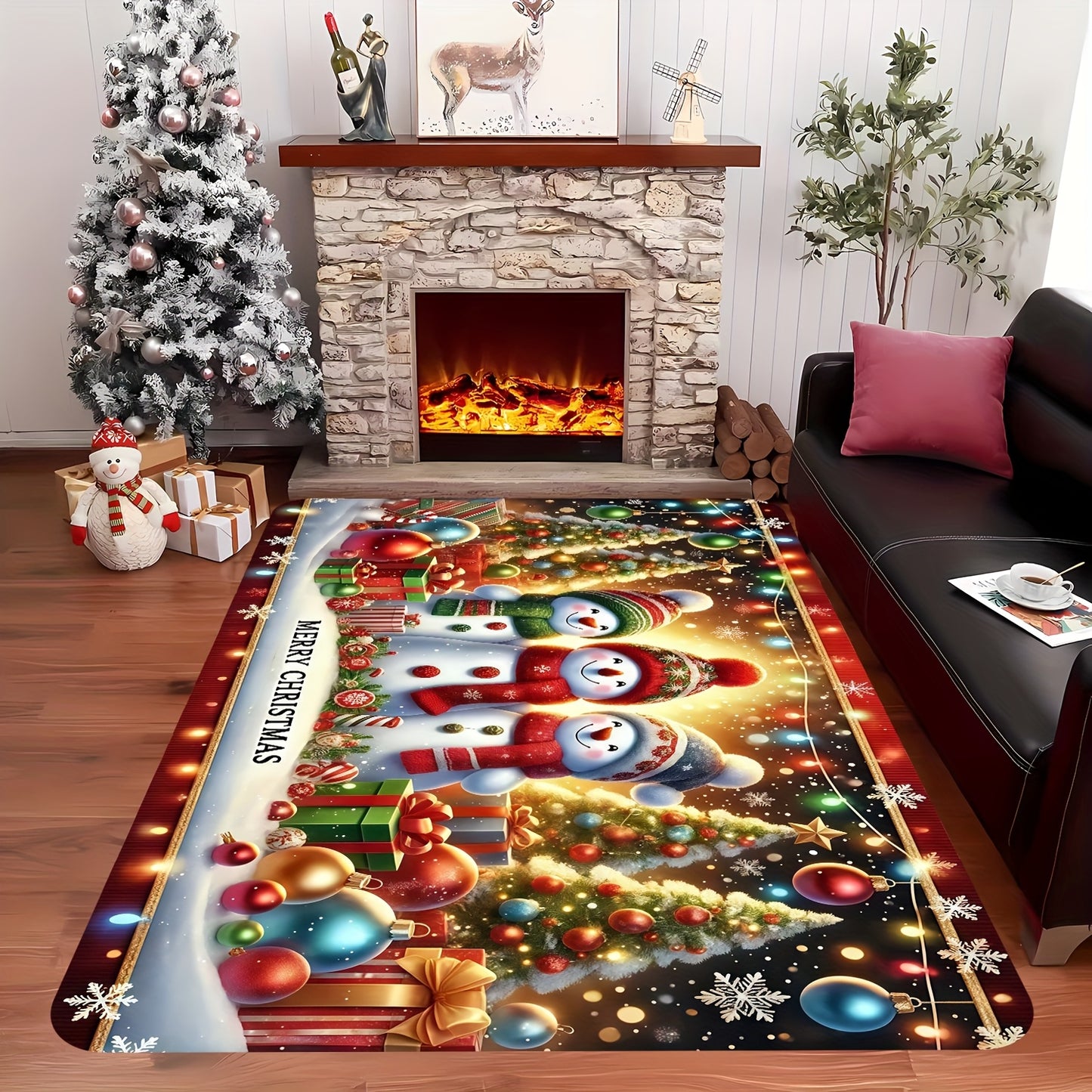 [Festive Christmas Mat] Festive Christmas Mat - Extra Large Soft Floor Mat with Gingerbread Men, Snowmen, Candy Canes & Tree Decorations | Red, Green, Golden Holiday Decor for Living Room, Bedroom, Entryway - Machine Washable