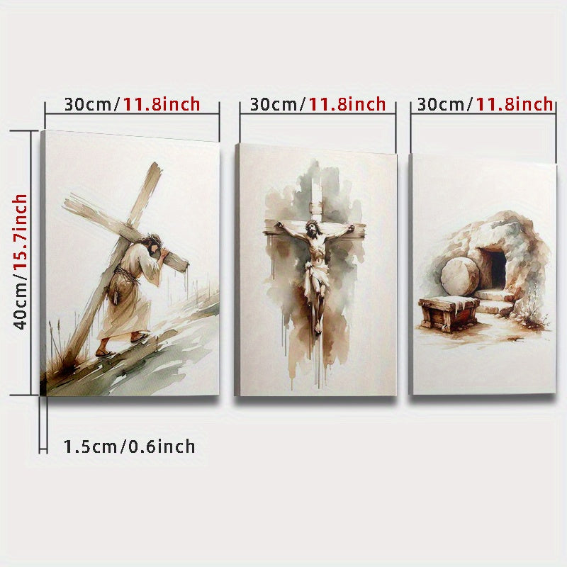 3pcs Wood Frame Canvas Print Decorative Painting, Easter Jesus Resurrection Poster, Baptism Bible He Is Risen Print, Christian Art Bible, Indoor Home Wall Decor Art