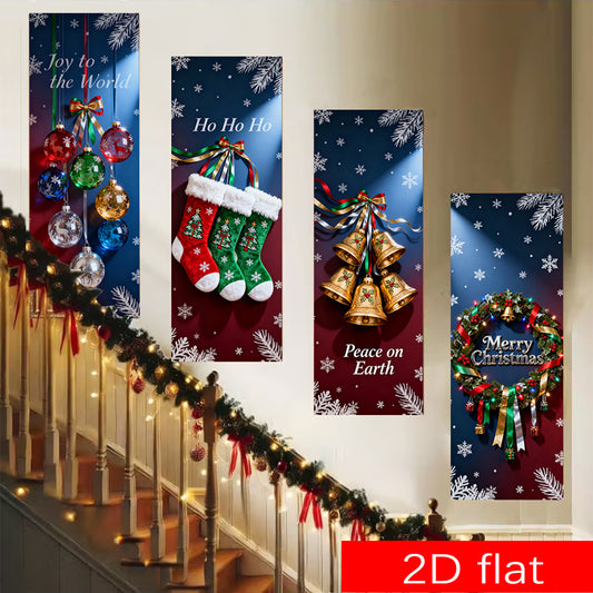 2D Flat, 4pcs Large 17.7x47.2 Inch (44x120cm) 2D Flat Christmas Garland & Snowflake Banner with Multicolor Ornaments, Stockings & Bells - Heavy-Duty Hanging Decoration for /Outdoor Xmas Tree, Storefront, Photo Backdrop (Red/G