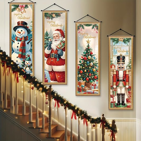 4pcs Vintage Christmas Banners Set - Festive Santa, Snowman, and Reindeer Designs with "Merry Christmas" Text, Polyester, No Electricity Needed, Ideal for Holiday Parties and Home Decor, Christmas Decorations
