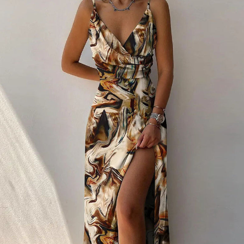 V-Neck Slip Dress Low Cut Printed Slit Dress