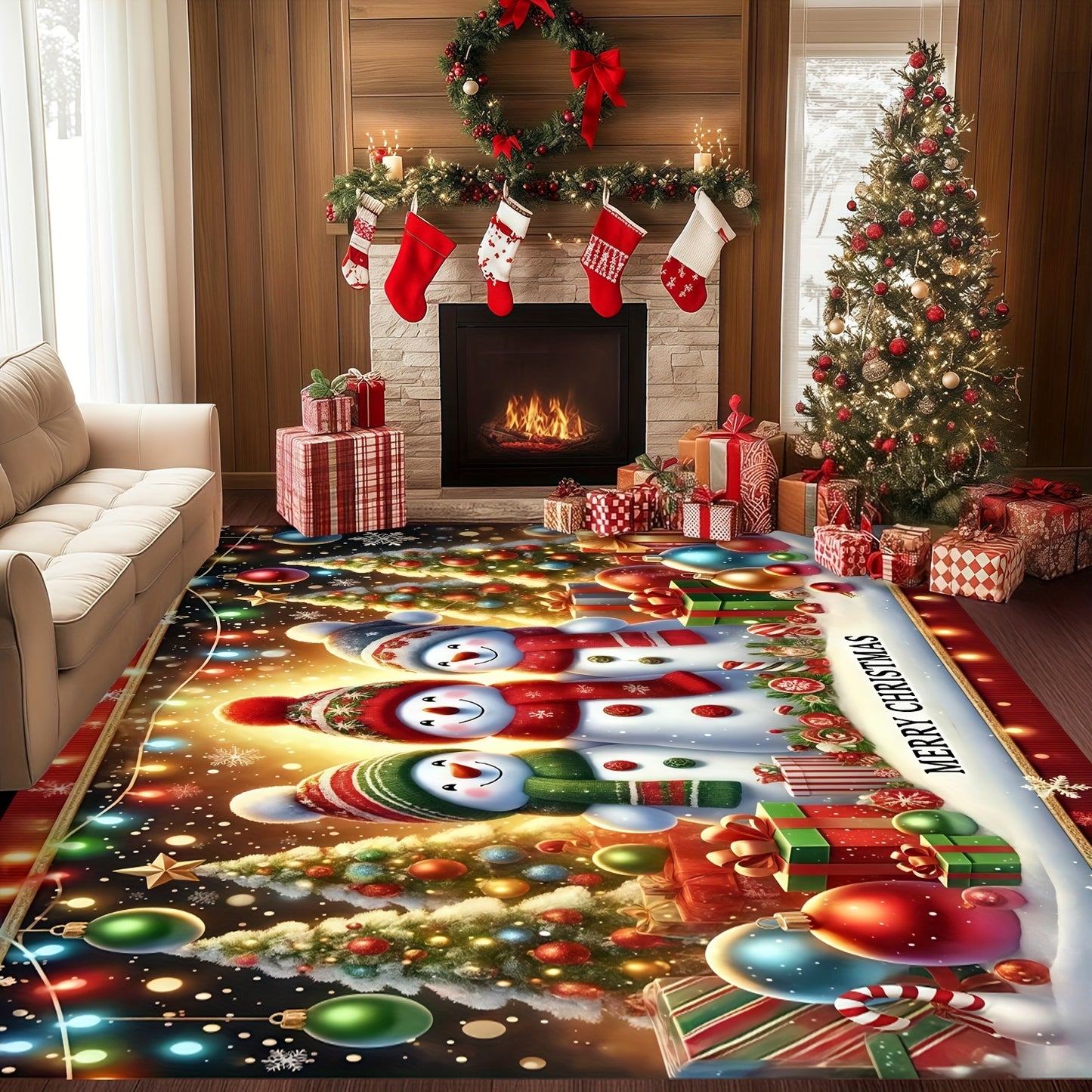 [Festive Christmas Mat] Festive Christmas Mat - Extra Large Soft Floor Mat with Gingerbread Men, Snowmen, Candy Canes & Tree Decorations | Red, Green, Golden Holiday Decor for Living Room, Bedroom, Entryway - Machine Washable