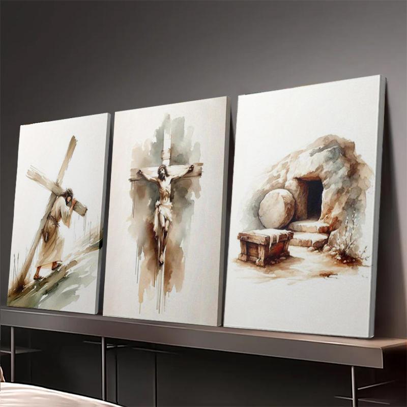 3pcs Wood Frame Canvas Print Decorative Painting, Easter Jesus Resurrection Poster, Baptism Bible He Is Risen Print, Christian Art Bible, Indoor Home Wall Decor Art