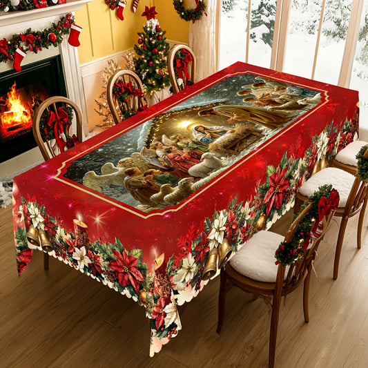 [Vintage Christmas Tablecloth] 1pc Vintage Christmas Tablecloth, Design with The Birth Of Jesus Scene, Poinsettia, Holly Leaves, Pine Cones and Bell Patterns - Suitable for Indoor/Outdoor Winter Parties, Christmas Home Decora