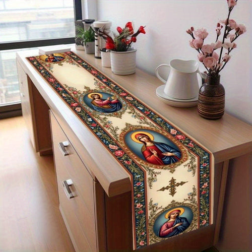 1pc Religious Icon Floral Table Runner - 100% Polyester Sateen Weave Tablecloth with Vibrant Religious Icons & Floral Patterns, Durable Easy-Clean Table Protection for Dining Room, Holiday Home Party Decor