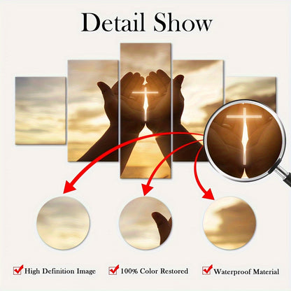 2D Flat, [2D FLAT] 5pcs Frame Prayer Hand Canvas Poster, Five Panel Scene Art, Modular Picture, Print Painting, Modern Art, Ideal Decor for Bedroom Living Room Kitchen Dorm, Wall Decoration, Gift for Family Friends, Murals, W