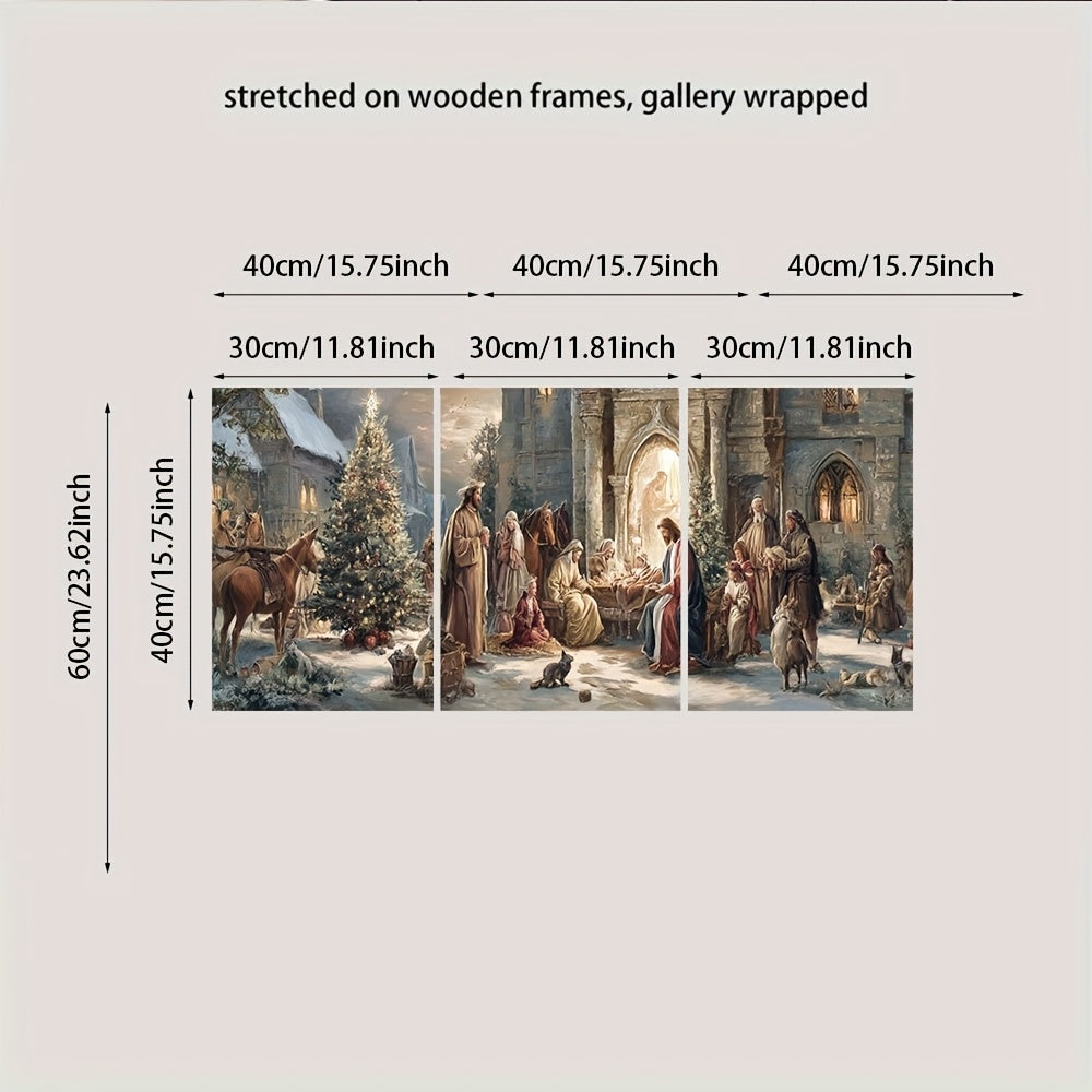 2D Flat, 3pcs Victorian Style Christmas Nativity Scene Canvas Art with Wooden Frame - Festive Religious Wall Decor, Featuring Mary, Joseph, Shepherds & Starry Night Snowy, Perfect For Living Room Or Holiday Display, Christmas