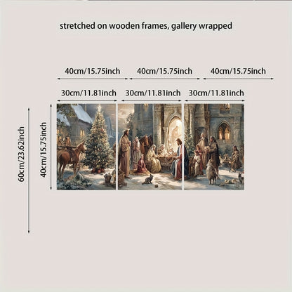 2D Flat, 3pcs Victorian Style Christmas Nativity Scene Canvas Art with Wooden Frame - Festive Religious Wall Decor, Featuring Mary, Joseph, Shepherds & Starry Night Snowy, Perfect For Living Room Or Holiday Display, Christmas