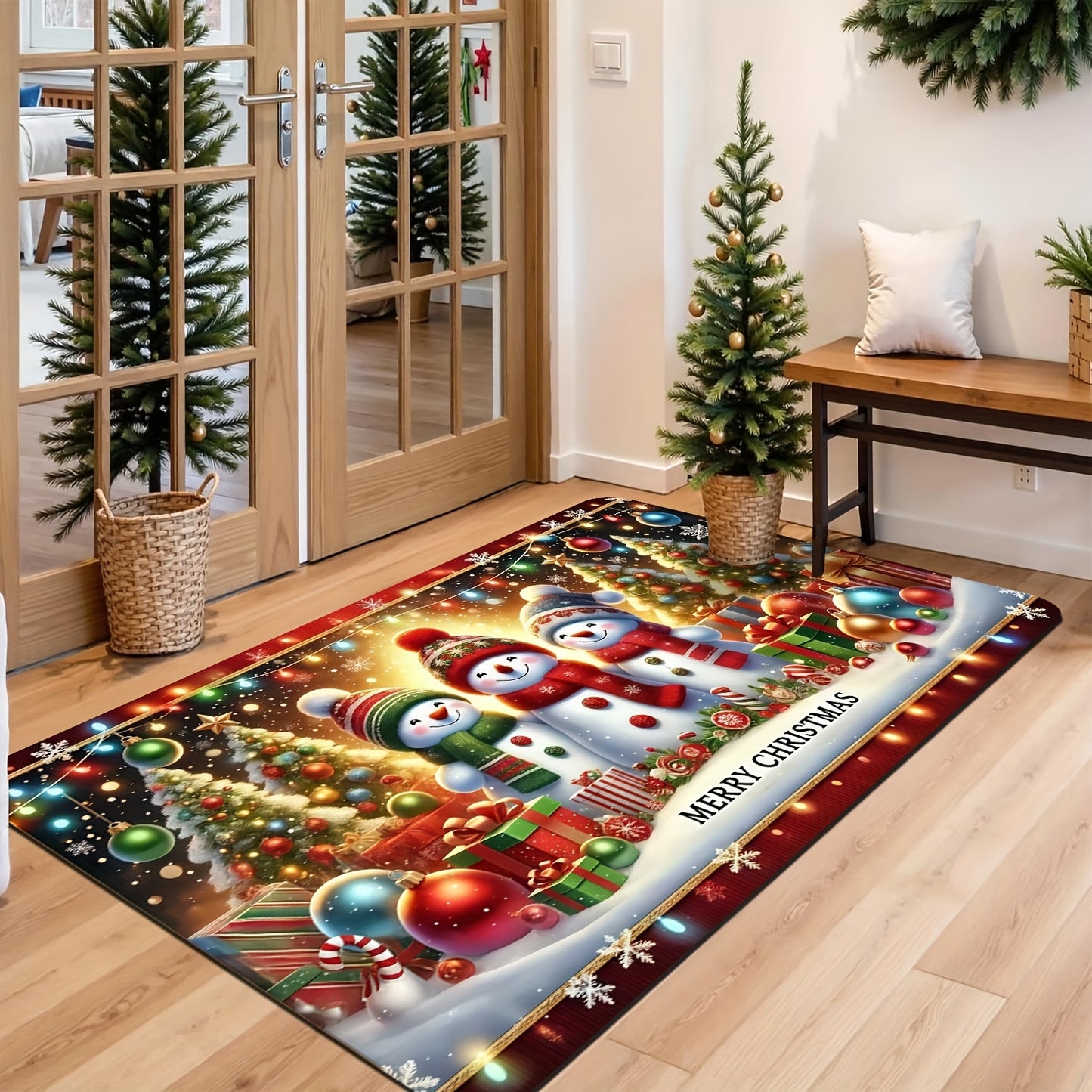 [Festive Christmas Mat] Festive Christmas Mat - Extra Large Soft Floor Mat with Gingerbread Men, Snowmen, Candy Canes & Tree Decorations | Red, Green, Golden Holiday Decor for Living Room, Bedroom, Entryway - Machine Washable