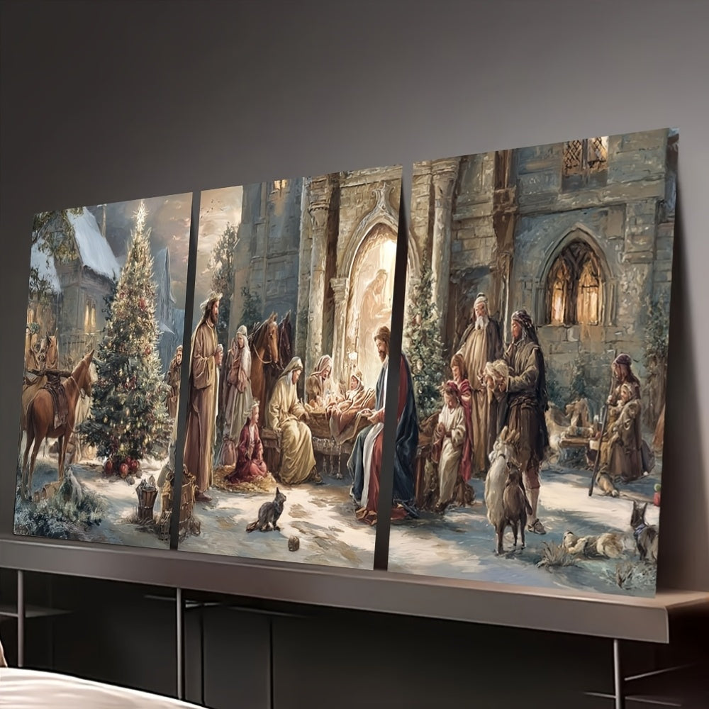 2D Flat, 3pcs Victorian Style Christmas Nativity Scene Canvas Art with Wooden Frame - Festive Religious Wall Decor, Featuring Mary, Joseph, Shepherds & Starry Night Snowy, Perfect For Living Room Or Holiday Display, Christmas