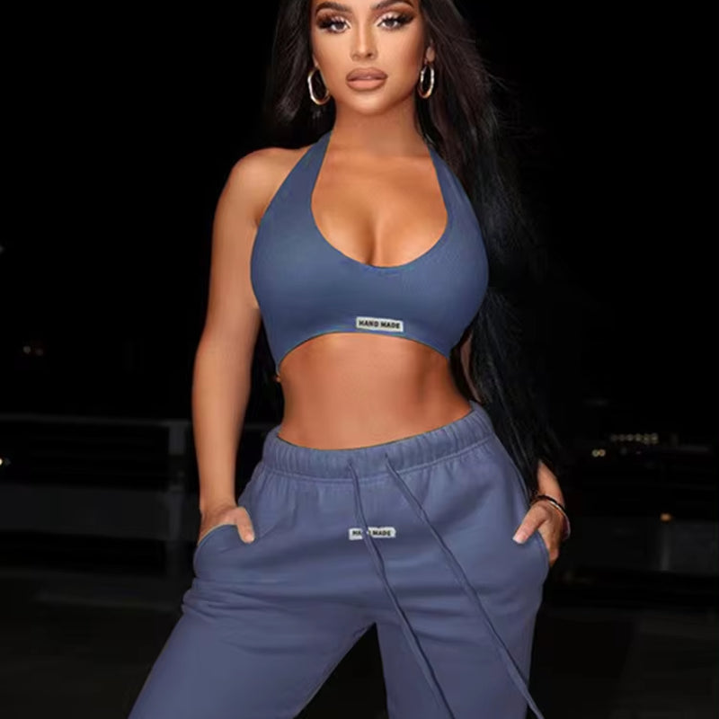 Sporty Two Piece Set Girl Halter Crop Tops+Drawstring Sweatpants Slim Activewear Casual Gym Workout Fitness Womens Outfits