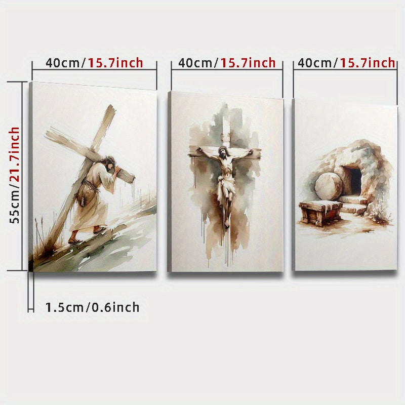 3pcs Wood Frame Canvas Print Decorative Painting, Easter Jesus Resurrection Poster, Baptism Bible He Is Risen Print, Christian Art Bible, Indoor Home Wall Decor Art