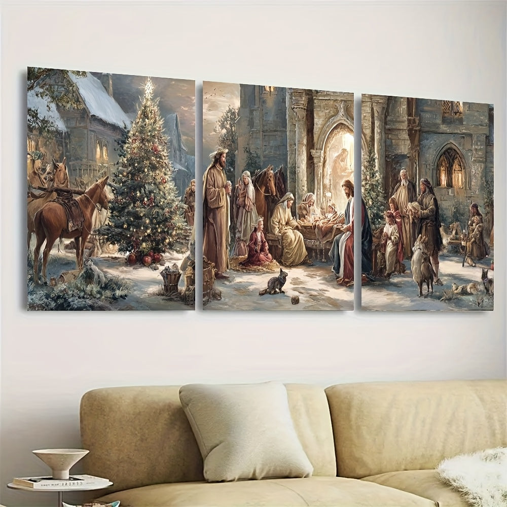 2D Flat, 3pcs Victorian Style Christmas Nativity Scene Canvas Art with Wooden Frame - Festive Religious Wall Decor, Featuring Mary, Joseph, Shepherds & Starry Night Snowy, Perfect For Living Room Or Holiday Display, Christmas