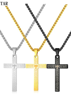 Retro Christian Jesus Single Titanium Scripture Cross Necklace Stainless Steel Black Prayer Choker Cross Pendants For Men Colar