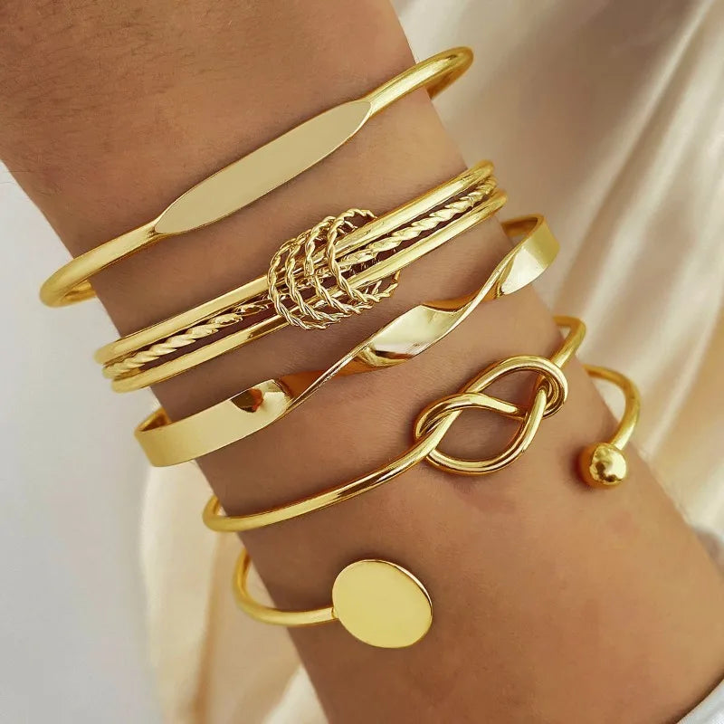 5pcs/set Fashion Golden Color Geometric Multilayer Bracelets Exaggerate Irregular Thread  Bracelet Jewellery Women Sets