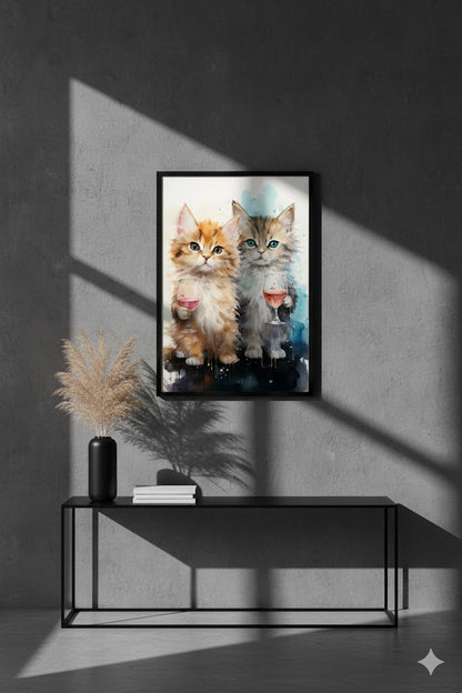 Framed Canvas Art – Watercolor Kittens with Wine Glasses