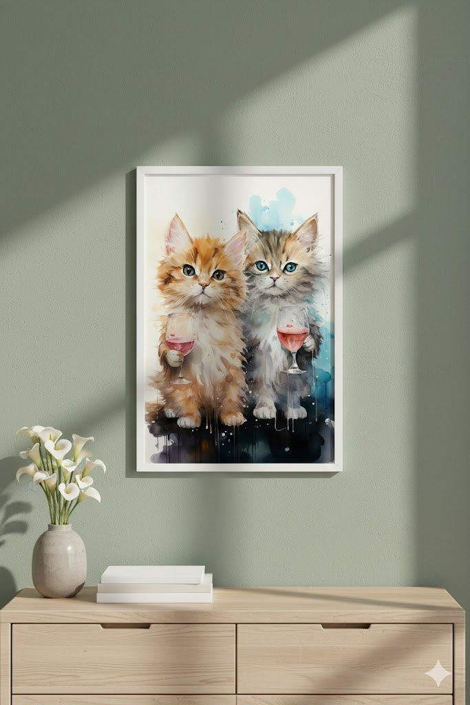 Framed Canvas Art – Watercolor Kittens with Wine Glasses