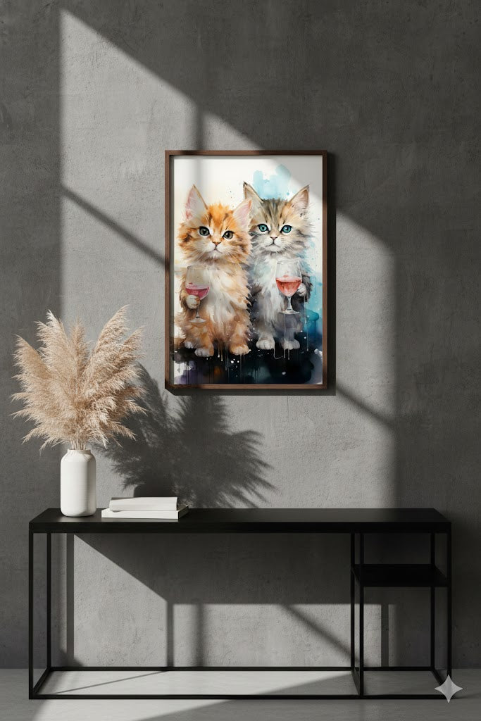 Framed Canvas Art – Watercolor Kittens with Wine Glasses