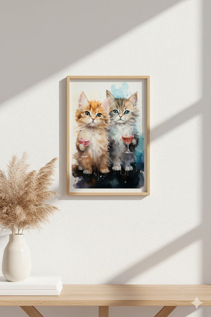 Framed Canvas Art – Watercolor Kittens with Wine Glasses