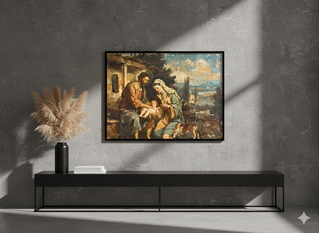 Framed Matte Canvas Nativity Art Print — Classic Holy Family Religious Wall Decor
