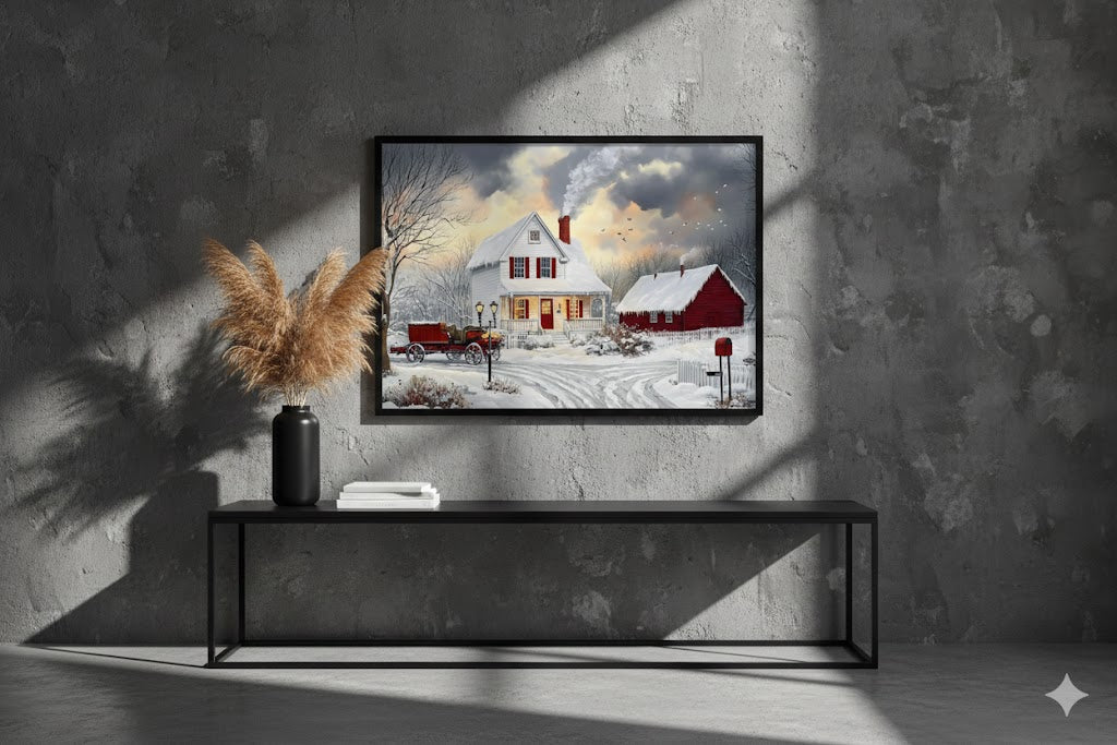 Framed Winter Cottage Canvas Print — Cozy Snowy Farmhouse Wall Art