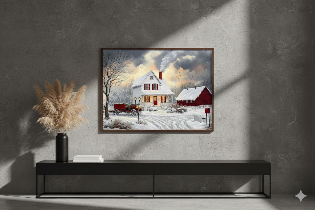 Framed Winter Cottage Canvas Print — Cozy Snowy Farmhouse Wall Art