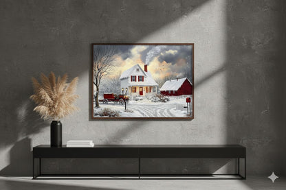Framed Winter Cottage Canvas Print — Cozy Snowy Farmhouse Wall Art