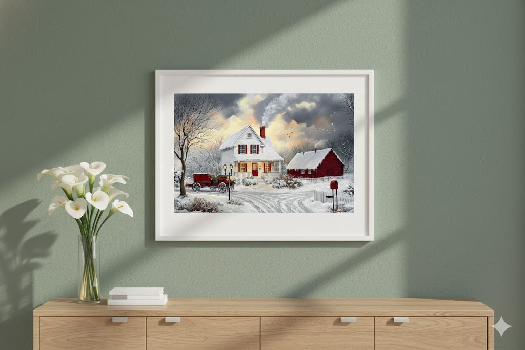 Framed Winter Cottage Canvas Print — Cozy Snowy Farmhouse Wall Art