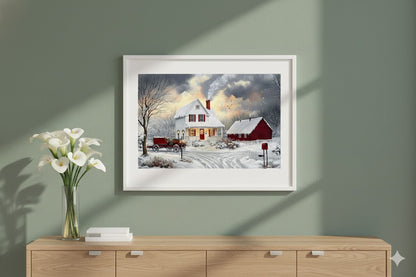 Framed Winter Cottage Canvas Print — Cozy Snowy Farmhouse Wall Art