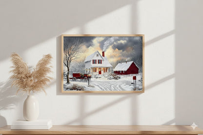 Framed Winter Cottage Canvas Print — Cozy Snowy Farmhouse Wall Art