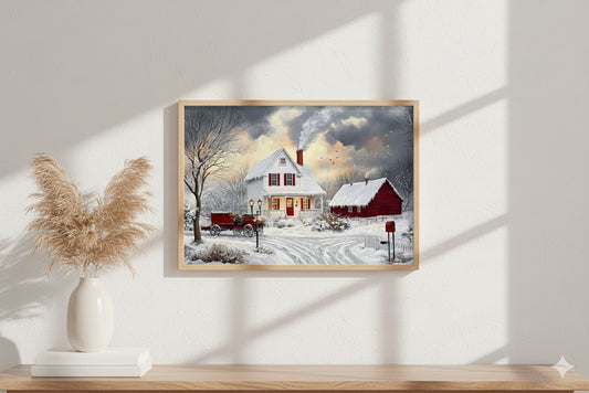 Framed Winter Cottage Canvas Print — Cozy Snowy Farmhouse Wall Art