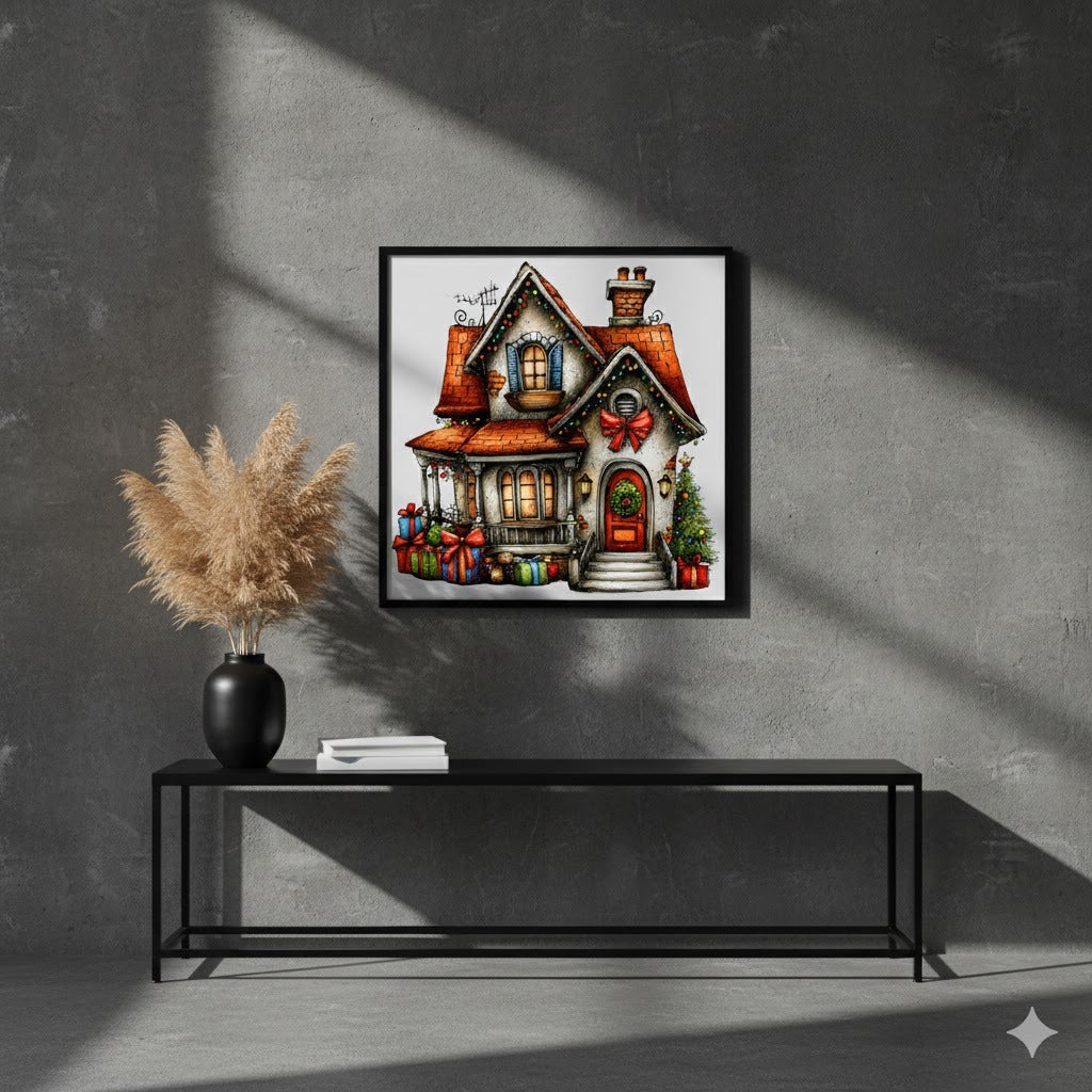 Holiday Cottage Matte Canvas Framed Wall Art — Christmas House with Wreath & Gifts