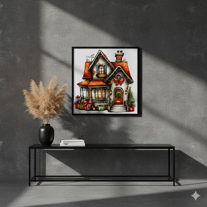 Holiday Cottage Matte Canvas Framed Wall Art — Christmas House with Wreath & Gifts