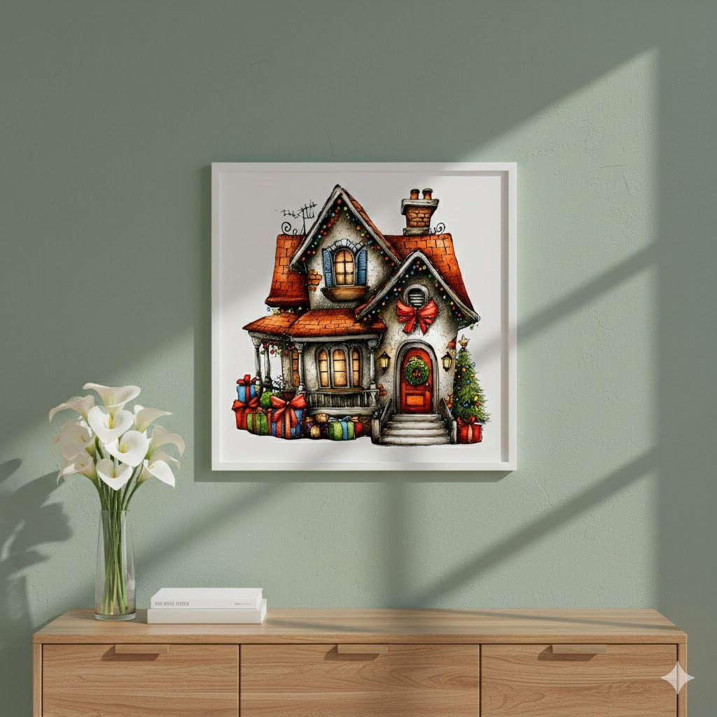 Holiday Cottage Matte Canvas Framed Wall Art — Christmas House with Wreath & Gifts