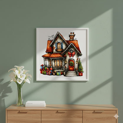 Holiday Cottage Matte Canvas Framed Wall Art — Christmas House with Wreath & Gifts