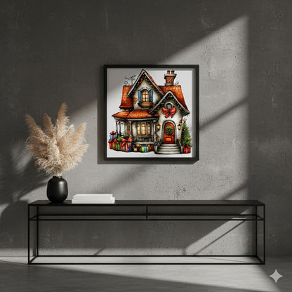 Holiday Cottage Matte Canvas Framed Wall Art — Christmas House with Wreath & Gifts