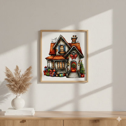 Holiday Cottage Matte Canvas Framed Wall Art — Christmas House with Wreath & Gifts