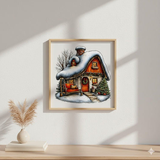 Cozy Snow-Covered Cottage Matte Canvas Framed Wall Art — Christmas Holiday Home Decor