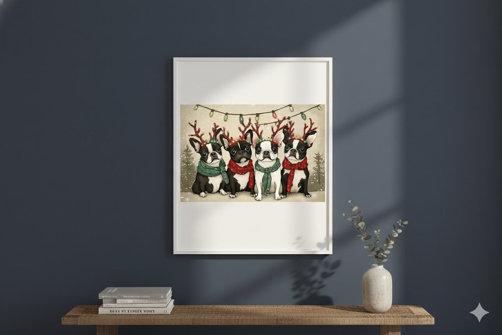 Christmas Bulldog Wall Art — Framed Matte Canvas with Festive Reindeer Antlers & Lights