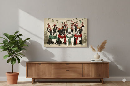 Christmas Bulldog Wall Art — Framed Matte Canvas with Festive Reindeer Antlers & Lights