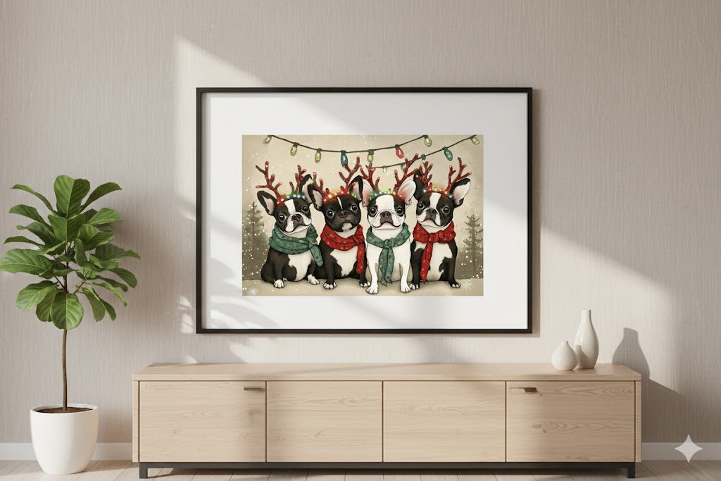 Christmas Bulldog Wall Art — Framed Matte Canvas with Festive Reindeer Antlers & Lights