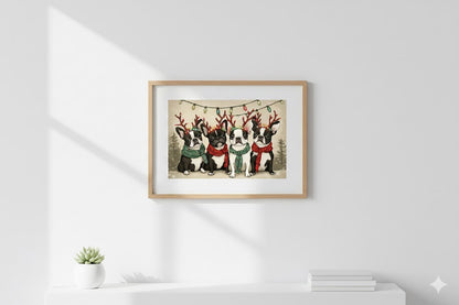 Christmas Bulldog Wall Art — Framed Matte Canvas with Festive Reindeer Antlers & Lights