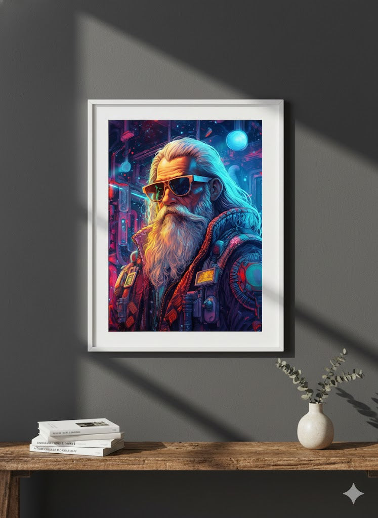 Framed Matte Canvas - Neon Cyberpunk Santa Portrait